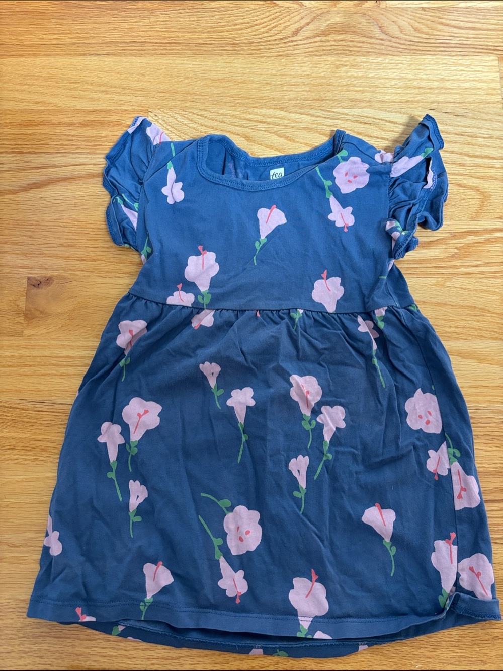 Tea Collection Navy Floral Puff-Sleeve Dress with Pink Blooms